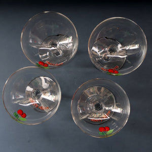 Set of FOUR Vintage Matching 1960s CHERRY B / CHERRY CHARM Coupe or Babycham Shape Glasses - with Red Cherries Motif. FREE POSTAGE