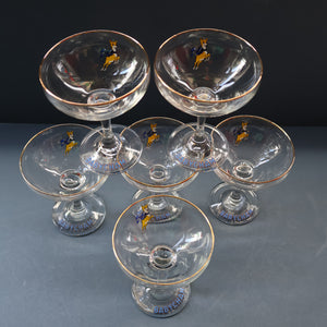 Set of SIX Vintage Matching 1970s BABYCHAM Coupe or Saucer Shape Glasses - with Brighter Yellow Bambi Motif
