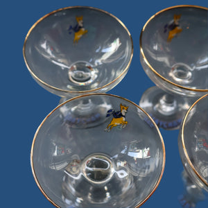 Set of SIX Vintage Matching 1970s BABYCHAM Coupe or Saucer Shape Glasses - with Brighter Yellow Bambi Motif
