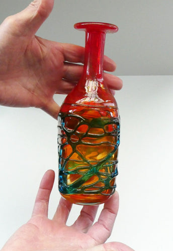 Unusual Vintage Red Glass MDINA Bottle Vase Decorated Externally with Applied Blue Trails