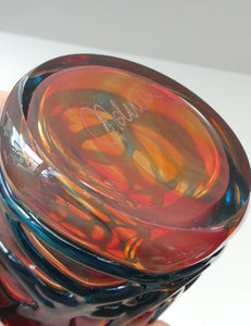 Unusual Vintage Red Glass MDINA Vase Decorated Externally with Applied Blue Trails