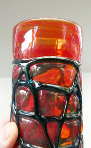 Unusual Vintage Red Glass MDINA Vase Decorated Externally with Applied Blue Trails