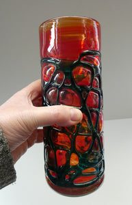 Unusual Vintage Red Glass MDINA Vase Decorated Externally with Applied Blue Trails