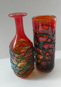 Unusual Vintage Red Glass MDINA Vase Decorated Externally with Applied Blue Trails