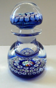 SCOTTISH GLASS. Vintage JOHN DEACONS Perfume Bottle Blue with Millefiori Canes. Thistle Canes