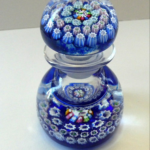 SCOTTISH GLASS. Vintage JOHN DEACONS Perfume Bottle Blue with Millefiori Canes. Thistle Canes