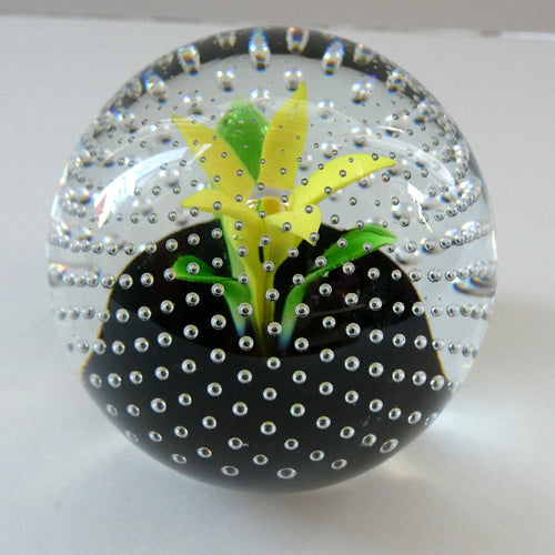 1970s Caithness Glass Paperweight Entitled Flower in the Rain YELLOW Flower