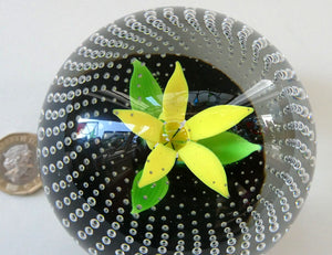 1970s Caithness Glass Paperweight Entitled Flower in the Rain YELLOW Flower