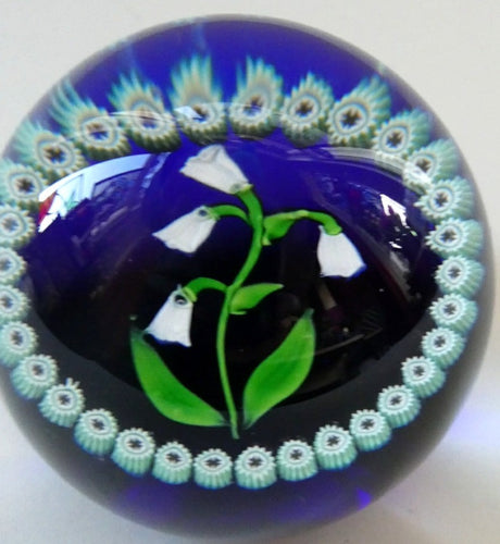 Vintage Scottish Paperweight . Lily of the Valley (MAY) White Lampwork Flower on Dark Blue Base