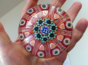 LARGE Strathearn Millefiori Canes and Latticino Ten Spoke Paperweight. Red Ground