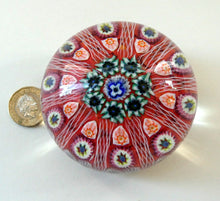 Load image into Gallery viewer, LARGE Strathearn Millefiori Canes and Latticino Ten Spoke Paperweight. Red Ground
