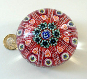 LARGE Strathearn Millefiori Canes and Latticino Ten Spoke Paperweight. Red Ground