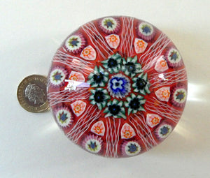 LARGE Strathearn Millefiori Canes and Latticino Ten Spoke Paperweight. Red Ground