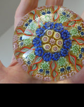 Load image into Gallery viewer, 1970s Scottish PERTHSHIRE Paperweight. Pale Yellow Ground. 9 Half Spokes &amp; Millefiori Canes
