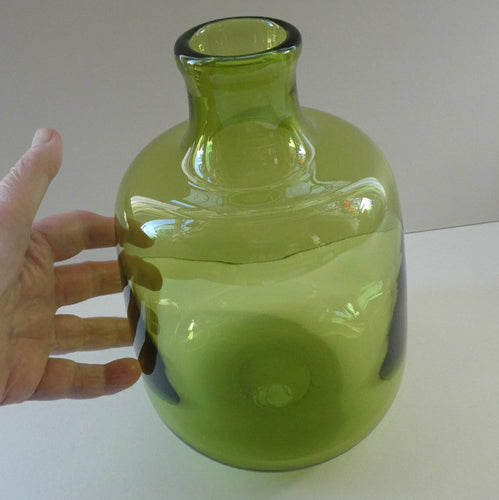 950s Danish SIGNED Green Glass Vase (17796). Designed by Christer Holmgrem. 8 3/4 inches in height