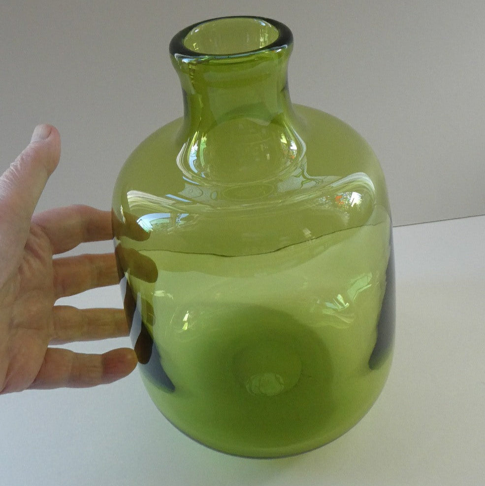 950s Danish SIGNED Green Glass Vase (17796). Designed by Christer Holmgrem. 8 3/4 inches in height