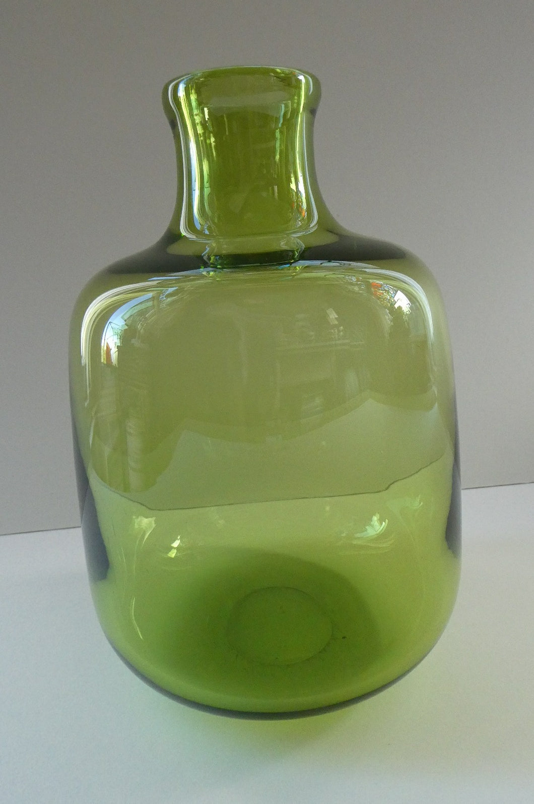 950s Danish SIGNED Green Glass Vase (17796). Designed by Christer Holmgrem. 8 3/4 inches in height