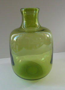 950s Danish SIGNED Green Glass Vase (17796). Designed by Christer Holmgrem. 8 3/4 inches in height