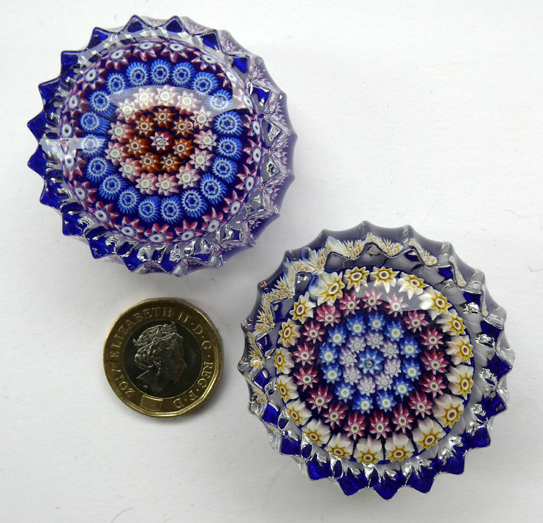 Cute MINIATURE PAIR of Scottish Perthshire Glass Paperweights with Fluted Sides. 1970s