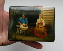 Load image into Gallery viewer, 19th Century Russian Lacquer Box with Painted Lid Showing Couple Making Bast Shoes. Folk Art
