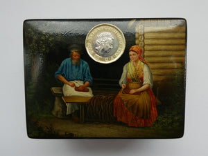 19th Century Russian Lacquer Box with Painted Lid Showing Couple Making Bast Shoes. Folk Art