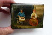 Load image into Gallery viewer, 19th Century Russian Lacquer Box with Painted Lid Showing Couple Making Bast Shoes. Folk Art
