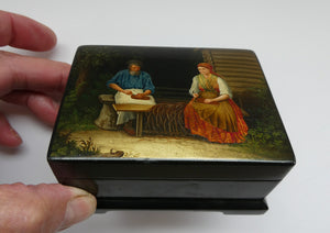 19th Century Russian Lacquer Box with Painted Lid Showing Couple Making Bast Shoes. Folk Art