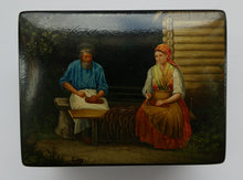 Load image into Gallery viewer, 19th Century Russian Lacquer Box with Painted Lid Showing Couple Making Bast Shoes. Folk Art
