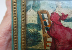 1830s Continental Trinket Box; with quirky painting on the lid & antique mirror inside