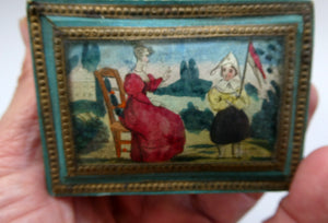 1830s Continental Trinket Box; with quirky painting on the lid & antique mirror inside