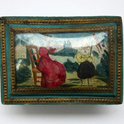 1830s Continental Trinket Box; with quirky painting on the lid & antique mirror inside