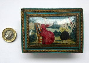 1830s Continental Trinket Box; with quirky painting on the lid & antique mirror inside