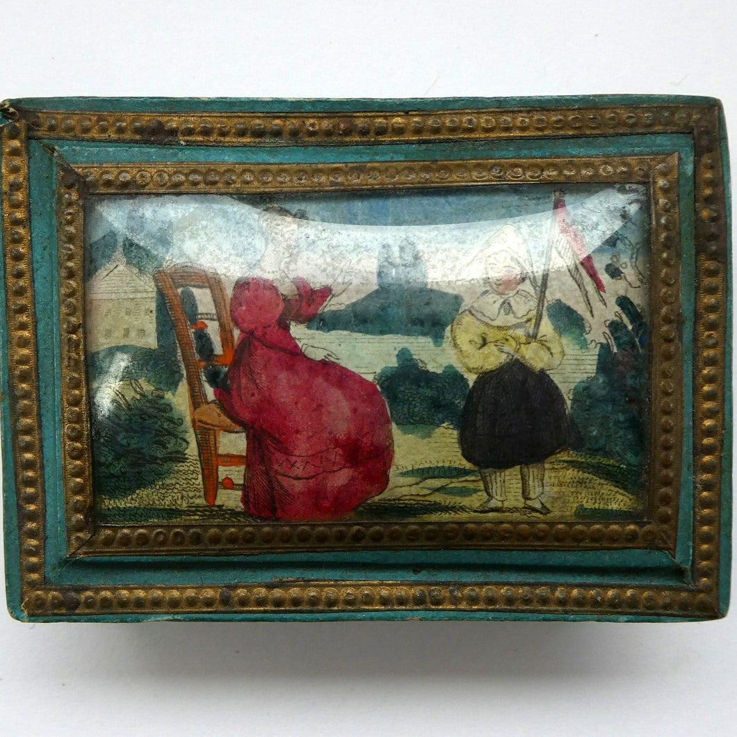 1830s Continental Trinket Box; with quirky painting on the lid & antique mirror inside