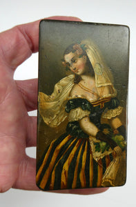 Early 19th Century Antique Snuff Box with Painted Lid Showing a Lady in Fancy Costume