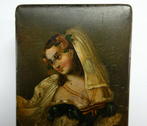 Early 19th Century Antique Snuff Box with Painted Lid Showing a Lady in Fancy Costume