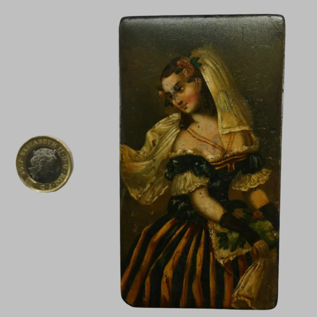 Early 19th Century Antique Snuff Box with Painted Lid Showing a Lady in Fancy Costume