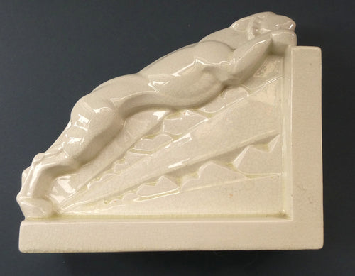 SINGLE 1930s French Art Deco Ceramic PANTHER Bookend. Signed Lemenceau