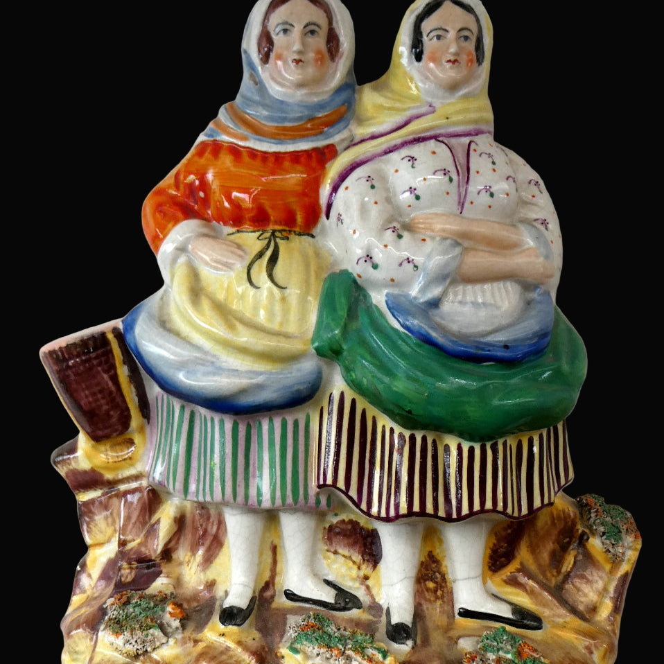 Antique Victorian Pottery Figurine of Two Scottish Newhaven Fishwives; c 1860