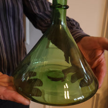 Load image into Gallery viewer, Vintage Hand-Blown EMPOLI Green Glass Bottle Vase / Decanter with Large Flattened Stopper and Hoops on the Neck

