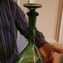 Load image into Gallery viewer, Vintage Hand-Blown EMPOLI Green Glass Bottle Vase / Decanter with Large Flattened Stopper and Hoops on the Neck
