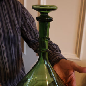 Vintage Hand-Blown EMPOLI Green Glass Bottle Vase / Decanter with Large Flattened Stopper and Hoops on the Neck