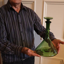 Load image into Gallery viewer, Vintage Hand-Blown EMPOLI Green Glass Bottle Vase / Decanter with Large Flattened Stopper and Hoops on the Neck
