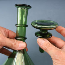 Load image into Gallery viewer, Vintage Hand-Blown EMPOLI Green Glass Bottle Vase / Decanter with Large Flattened Stopper and Hoops on the Neck
