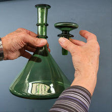Load image into Gallery viewer, Vintage Hand-Blown EMPOLI Green Glass Bottle Vase / Decanter with Large Flattened Stopper and Hoops on the Neck
