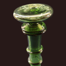 Load image into Gallery viewer, Vintage Hand-Blown EMPOLI Green Glass Bottle Vase / Decanter with Large Flattened Stopper and Hoops on the Neck
