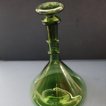 Load image into Gallery viewer, Vintage Hand-Blown EMPOLI Green Glass Bottle Vase / Decanter with Large Flattened Stopper and Hoops on the Neck
