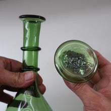 Load image into Gallery viewer, Vintage Hand-Blown EMPOLI Green Glass Bottle Vase / Decanter with Large Flattened Stopper and Hoops on the Neck
