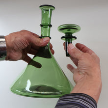 Load image into Gallery viewer, Vintage Hand-Blown EMPOLI Green Glass Bottle Vase / Decanter with Large Flattened Stopper and Hoops on the Neck
