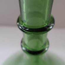 Load image into Gallery viewer, Vintage Hand-Blown EMPOLI Green Glass Bottle Vase / Decanter with Large Flattened Stopper and Hoops on the Neck
