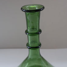 Load image into Gallery viewer, Vintage Hand-Blown EMPOLI Green Glass Bottle Vase / Decanter with Large Flattened Stopper and Hoops on the Neck
